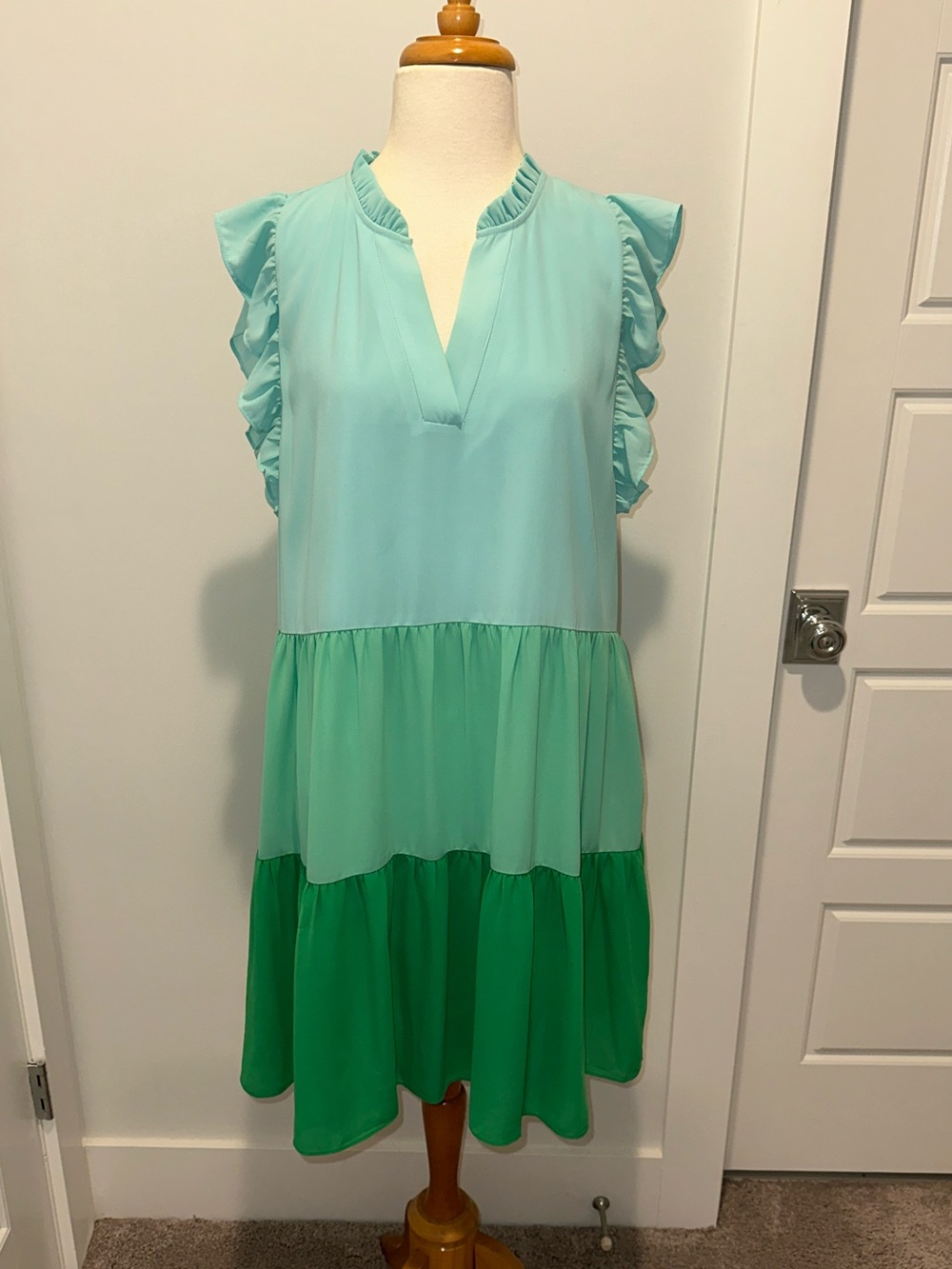 Jade Melody Tam Tiered Ruffle Sleeve Dress in Light Aqua Mint & Kelly Green